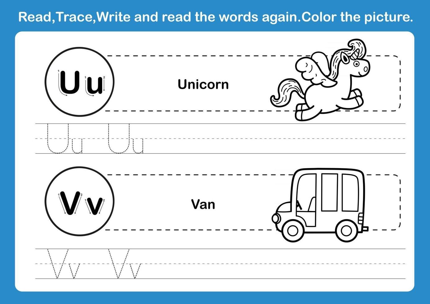 exercice d'alphabet uv avec vocabulaire de dessin animé pour vecteur d'illustration de livre de coloriage