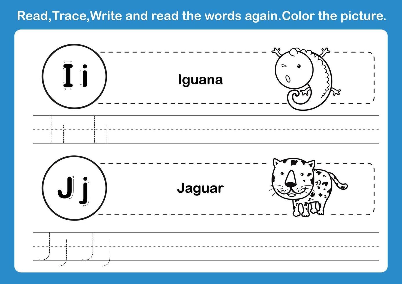 exercice alphabet ij avec vocabulaire de dessin animé pour vecteur d'illustration de livre de coloriage