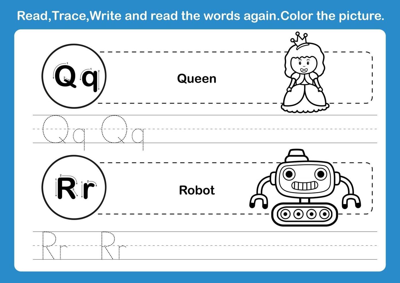 exercice d'alphabet qr avec vocabulaire de dessin animé pour vecteur d'illustration de livre de coloriage