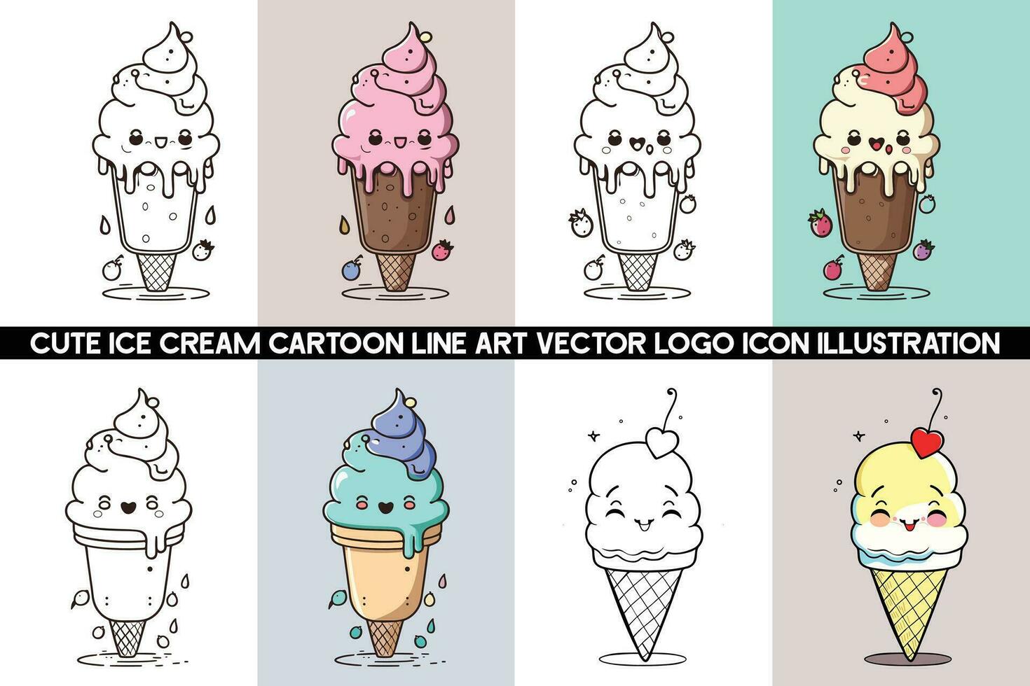 la glace crème dessin animé logo conception empaqueter, dessin animé la glace crème cône, la glace crème dessin animé personnage conception, la glace crème illustration vecteur empaqueter.