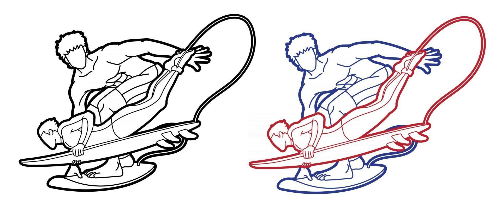 groupe de dessin animé de surfeur de l'équipe d'hommes de sport de surf vecteur