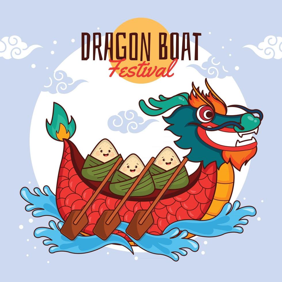 groupe de raviolis mignons ramant un bateau dragon vecteur