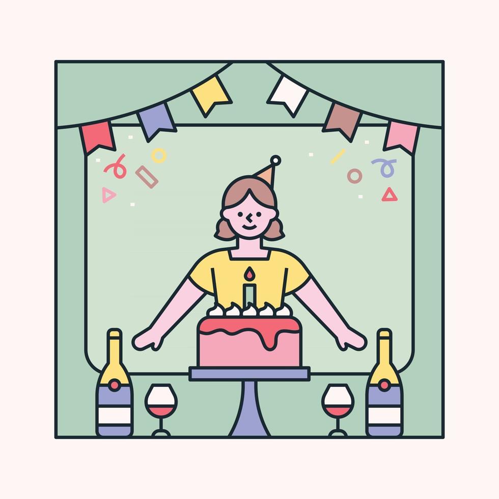 une fille ayant une fête d'anniversaire dans un cadre décoré d'icônes mignonnes. illustration vectorielle minimale de style design plat. vecteur