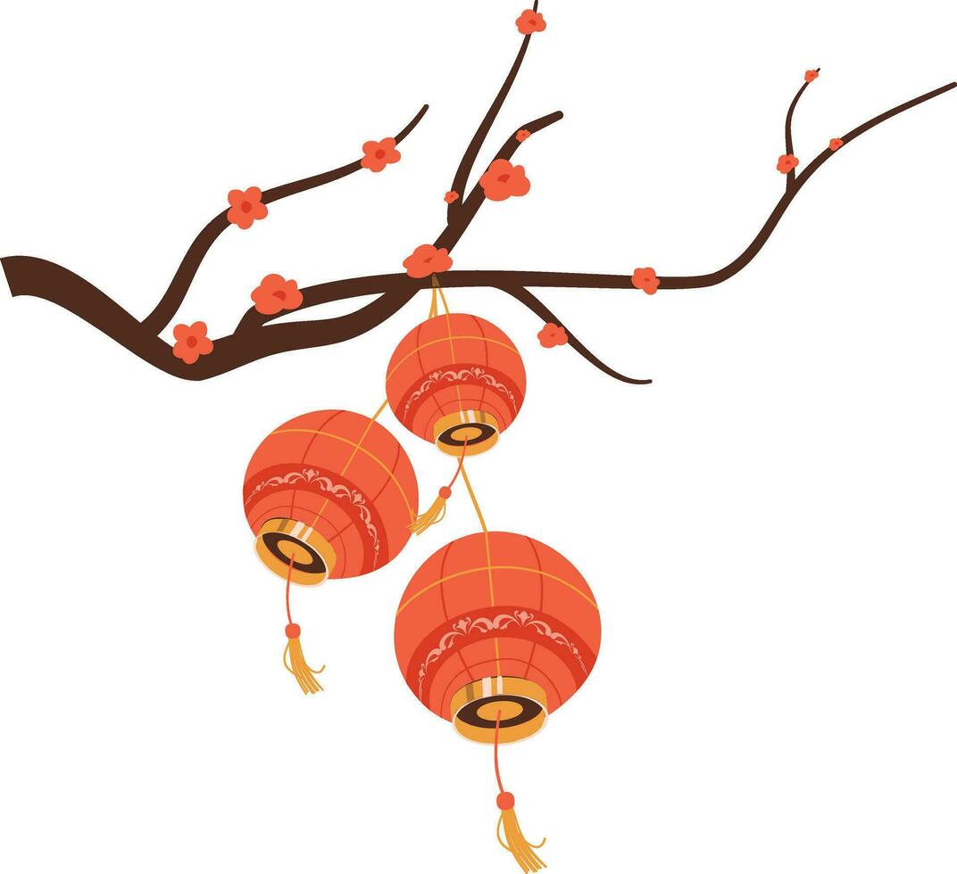 Nouveau année décorations, rouge lanternes et Cerise fleur vecteur illustration sur blanc Contexte.