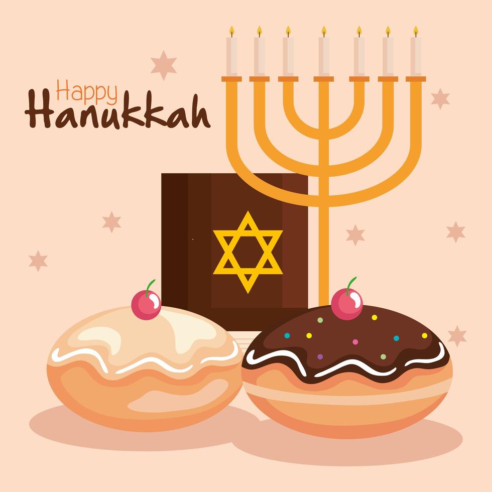 joyeux hanukkah menorah, torah et sufganiot vector design