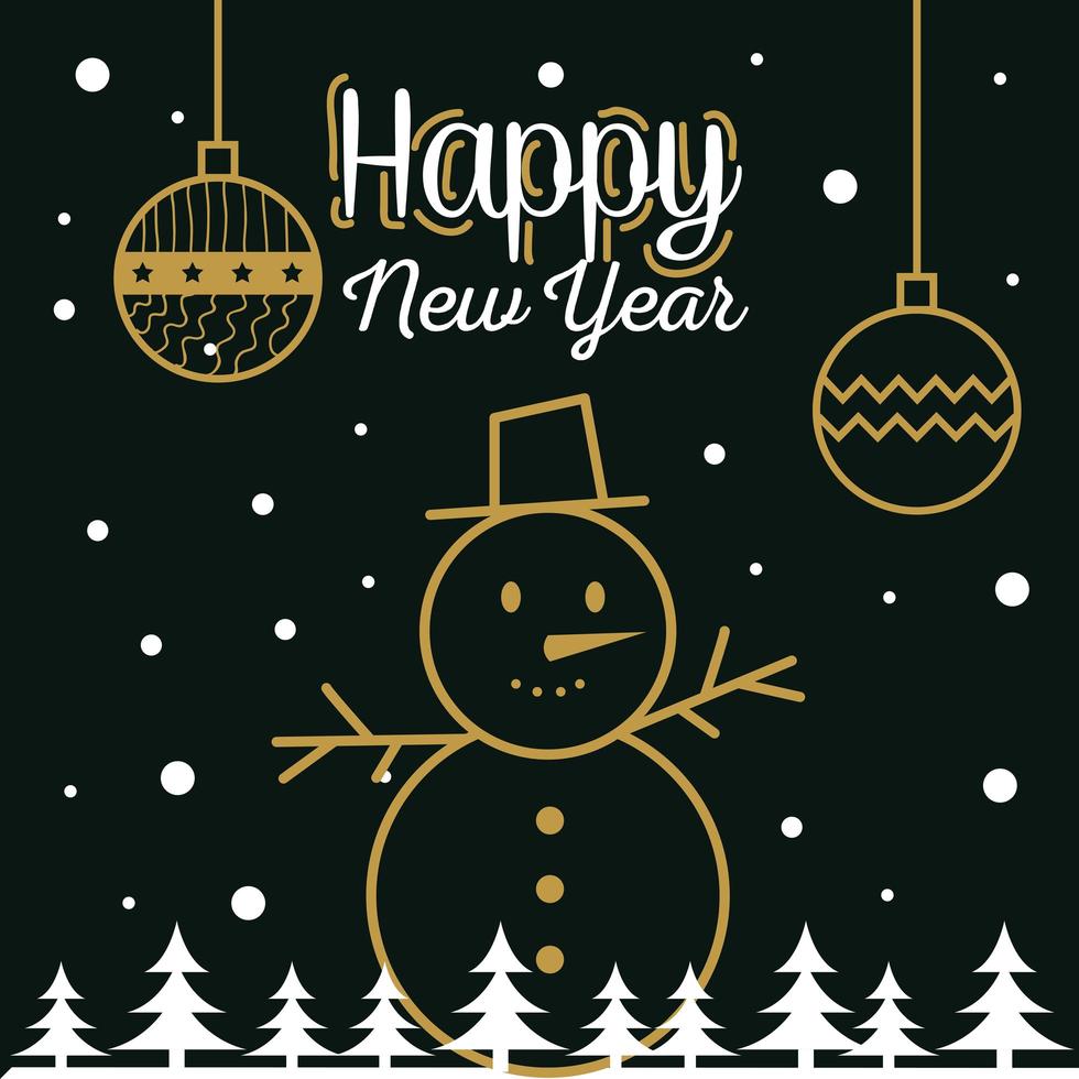 bonne année avec des sphères de bonhomme de neige et des pins vector design