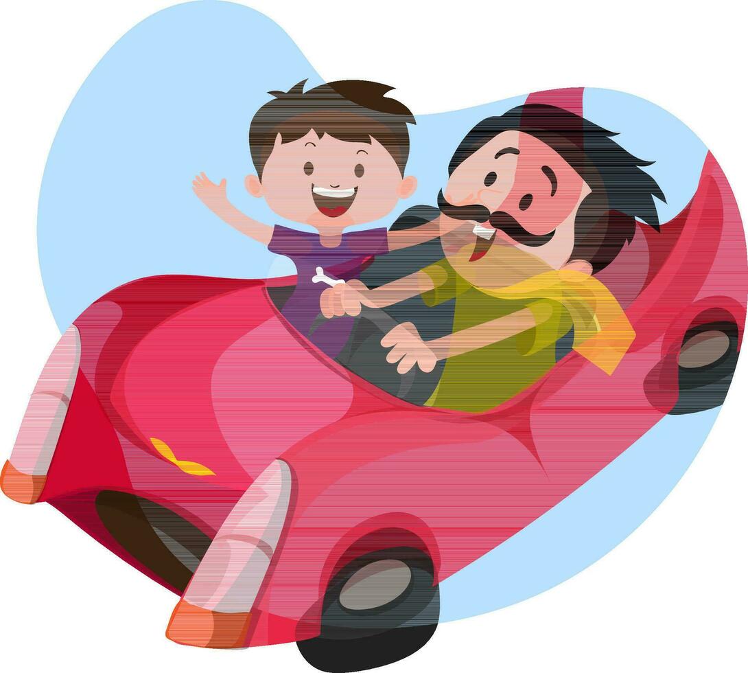 personnage de content enfant avec homme conduite une rose voiture dans autocollant. vecteur