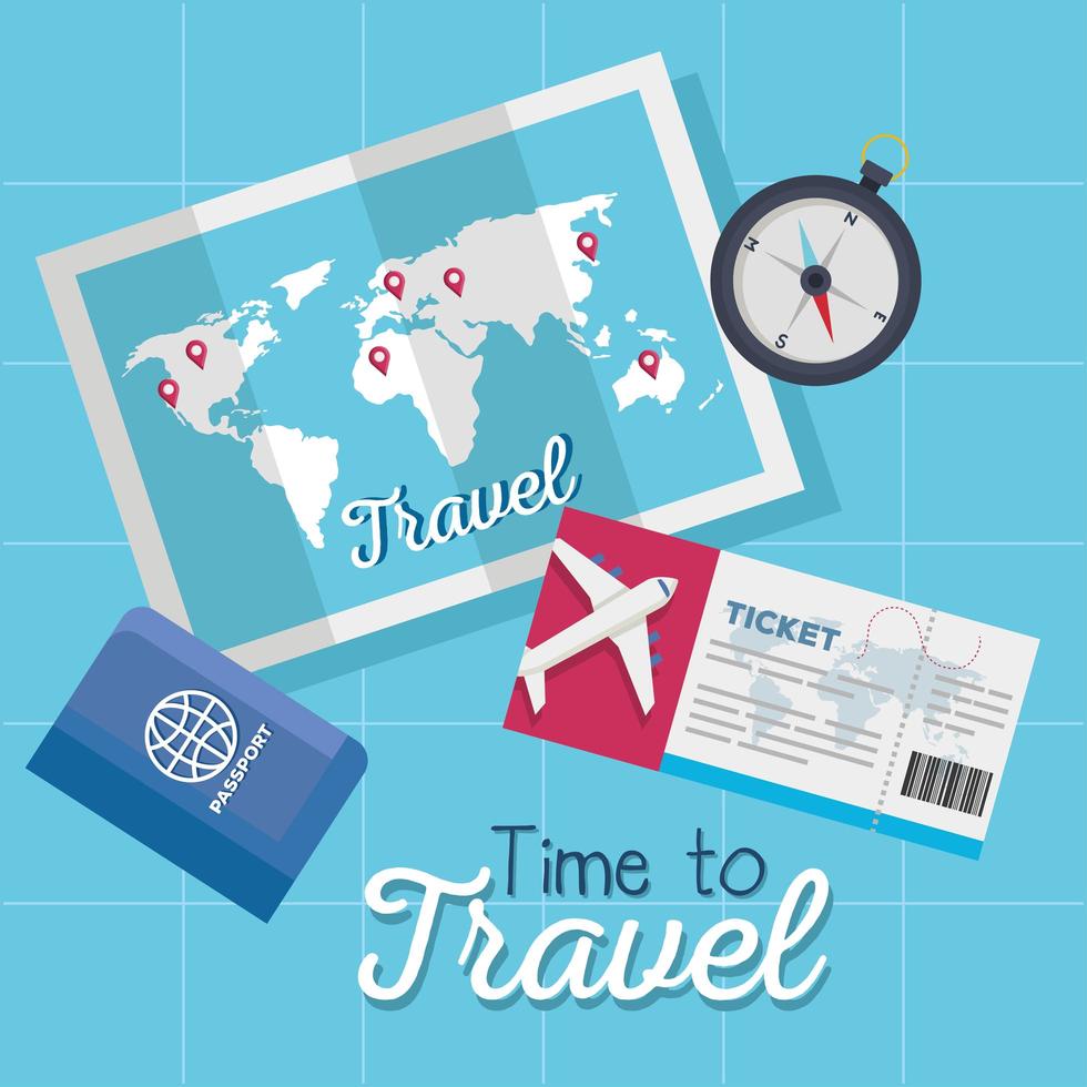 temps de voyage, billet, carte, passeport et conception de vecteur de boussole