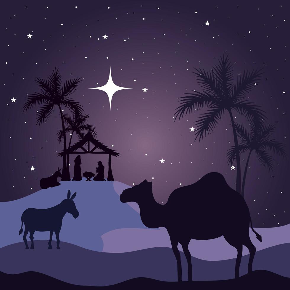 nativité, marie, joseph, bébé, âne et chameau sur fond violet design vectoriel