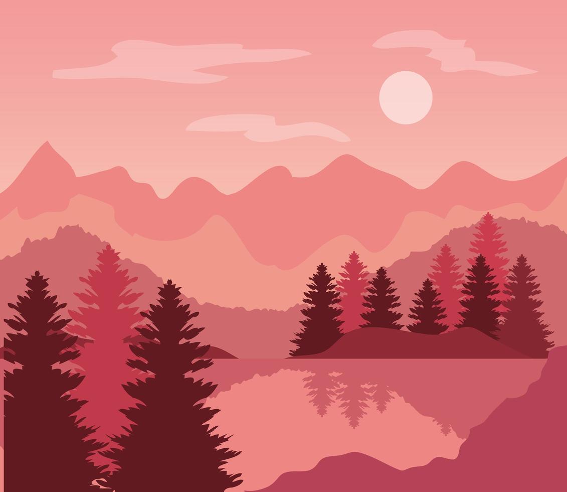 paysage rose avec pins, arbres et montagnes vecteur