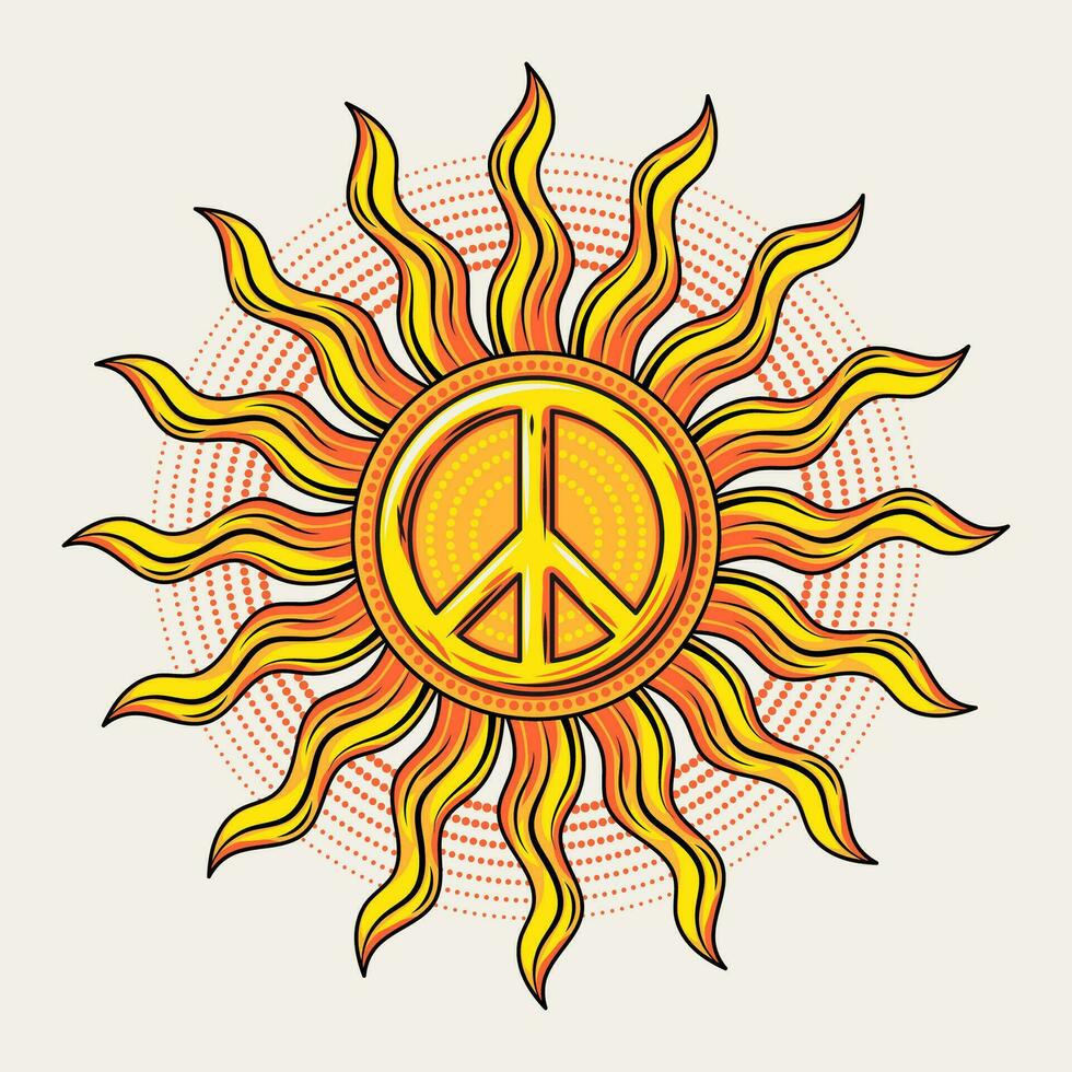 Soleil avec paix signe. solaire signe pour sensationnel, hippie style. vecteur illustration dans ancien style sur blanc Contexte. bien pour sensationnel, hippie style