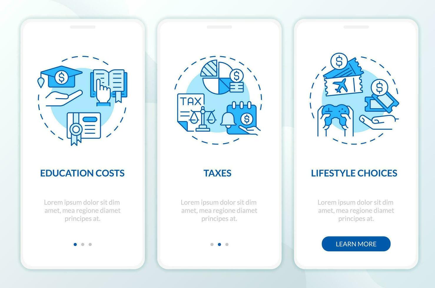 vivant les dépenses bleu l'intégration mobile app filtrer. budget la gestion procédure pas à pas 3 pas modifiable graphique instructions avec linéaire concepts. interface utilisateur, ux, gui modèle vecteur