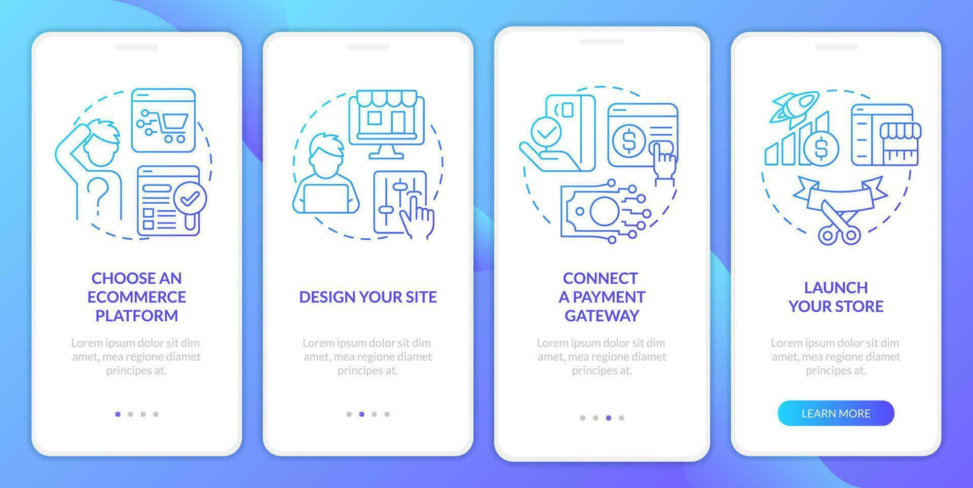 départ en ligne boutique bleu pente l'intégration mobile app filtrer. procédure pas à pas 4 pas graphique instructions avec linéaire concepts. interface utilisateur, ux, gui modèle vecteur