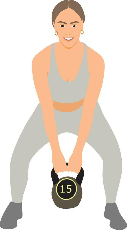 Jeune femme levage une 15kg kettlebell verticale portrait isolé sur blanc Contexte plat Facile style vecteur image