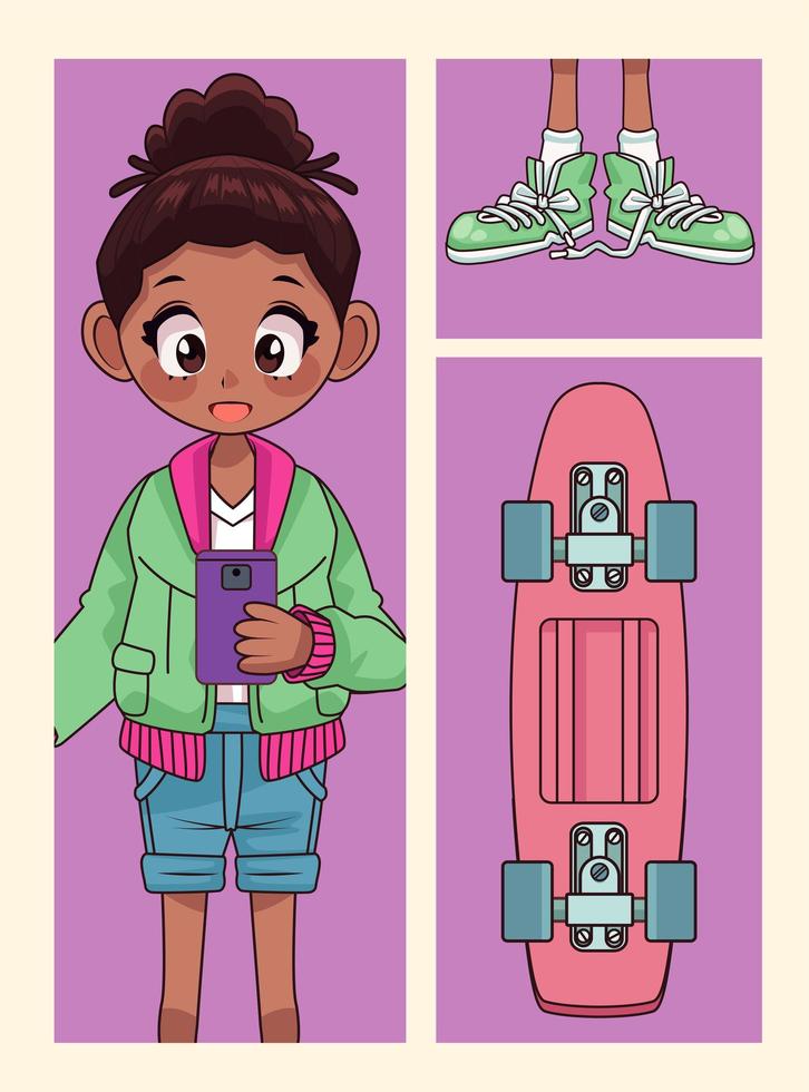 Jeune fille adolescente afro avec des chaussures et un personnage d'anime de planche à roulettes vecteur