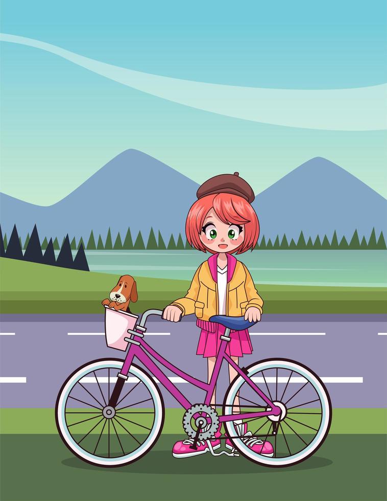 Jeune adolescente en personnage d'anime de vélo sur la route vecteur
