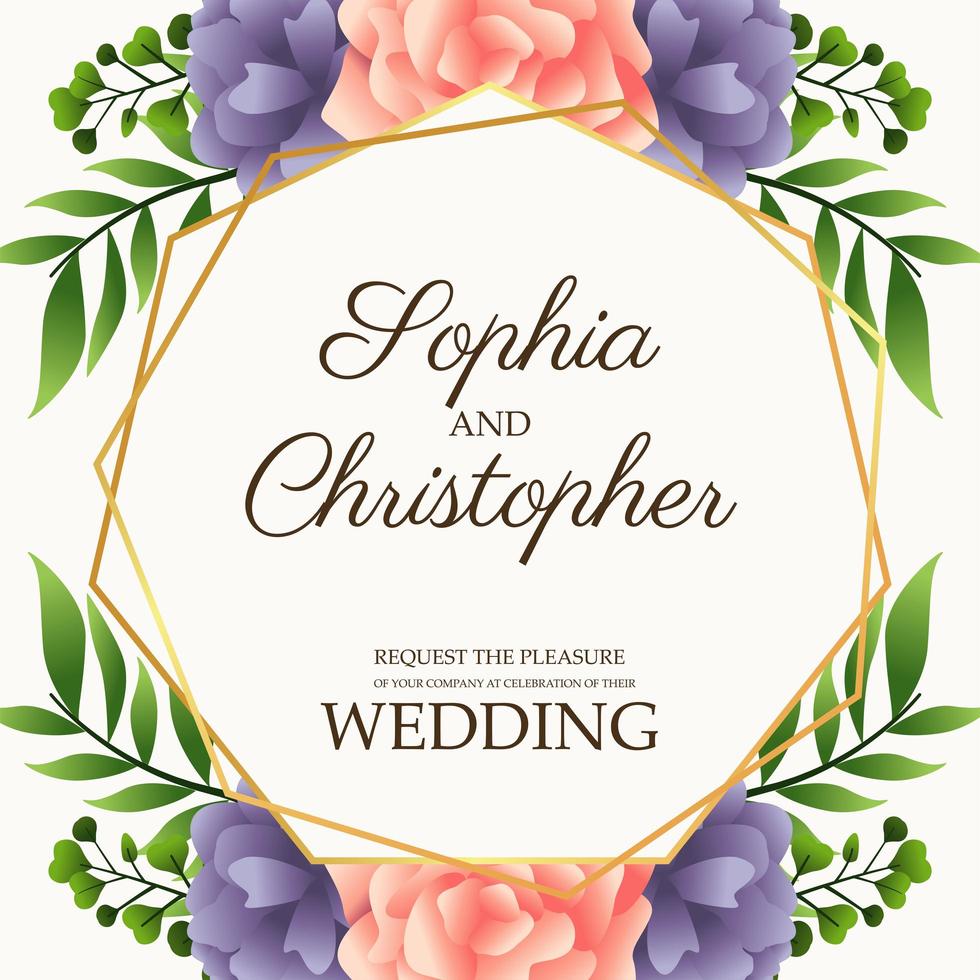 carte d'invitation de mariage avec des fleurs roses et violettes vecteur