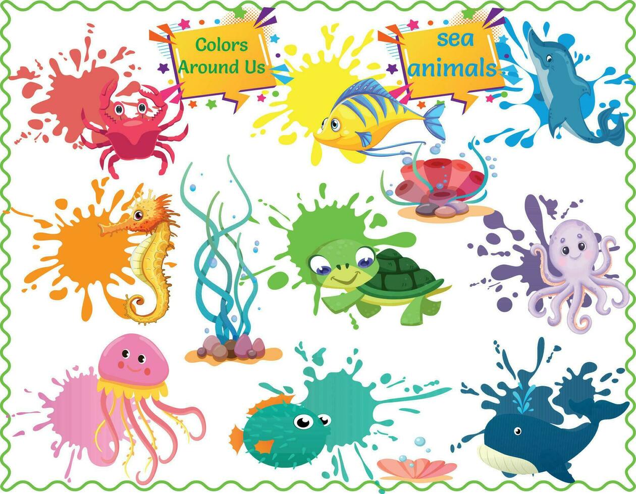 enfants' mer animaux affiche, Regardez dans couleur, inspiré de l'arc-en-ciel mer affiche, apprendre mer animaux affiche enfants, mur graphique éducatif enfant vecteur