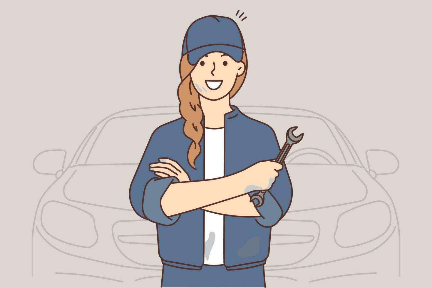 souriant femme technicien avec outil dans mains réparer voiture. content femelle mécanicien avec équipement travail fixation auto. vecteur illustration.