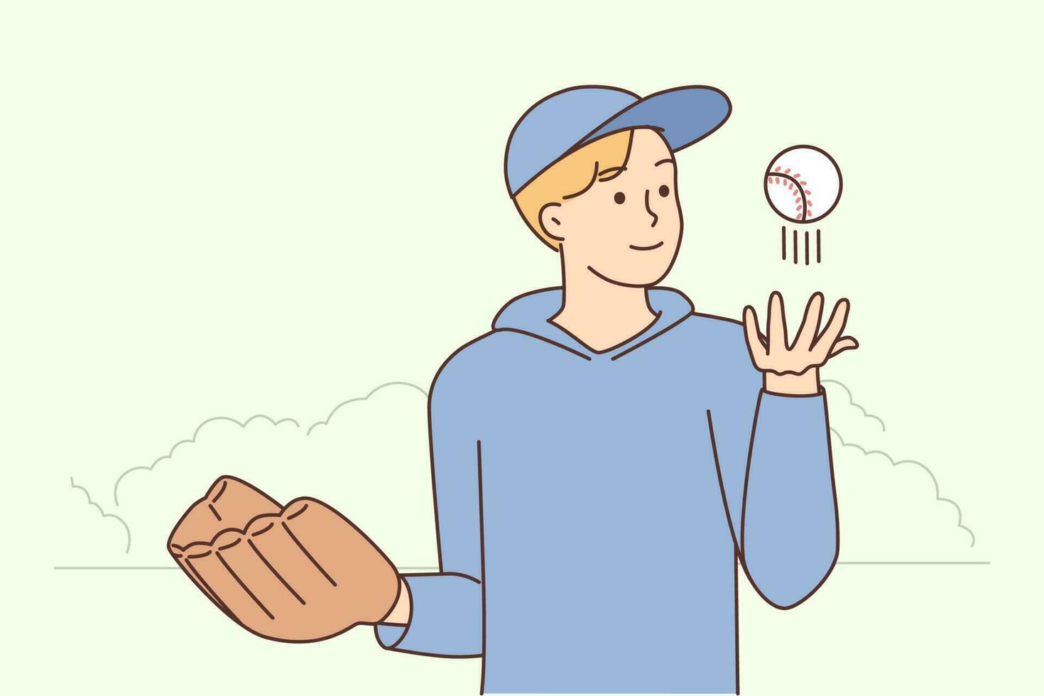 souriant Jeune homme dans tenue de sport avec base-ball gant et balle. content Masculin athlète jouer base-ball sur champ. sport et passe-temps. vecteur illustration.