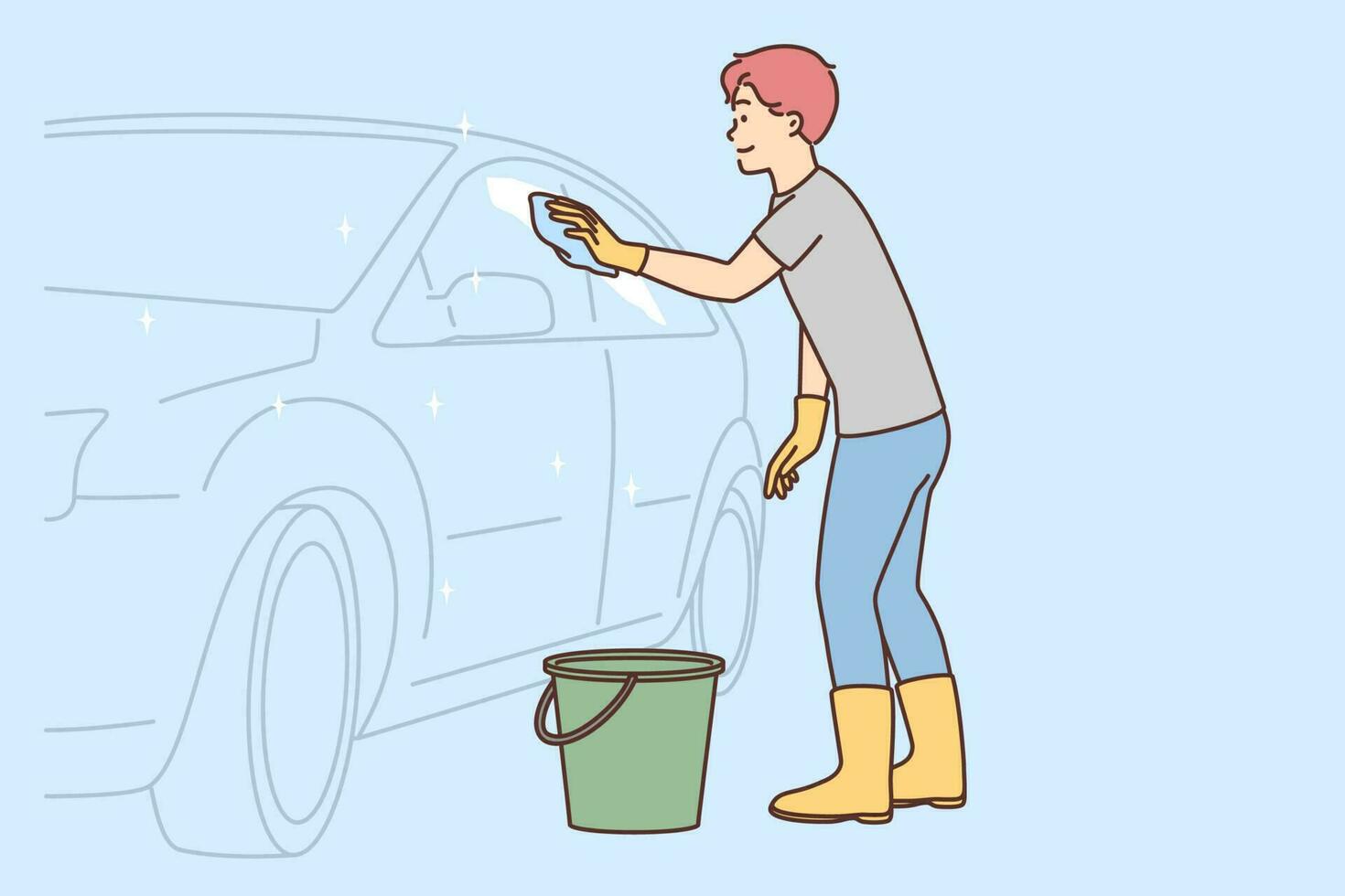 souriant homme nettoyage voiture avec tissu et détergent. content gars la lessive voiture avec nettoyage liquide en plein air. vecteur illustration.