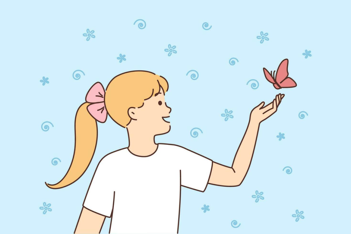 souriant peu fille en jouant avec papillon en plein air. content enfant avoir amusement en marchant à l'extérieur dans la nature. enfance concept. vecteur illustration.