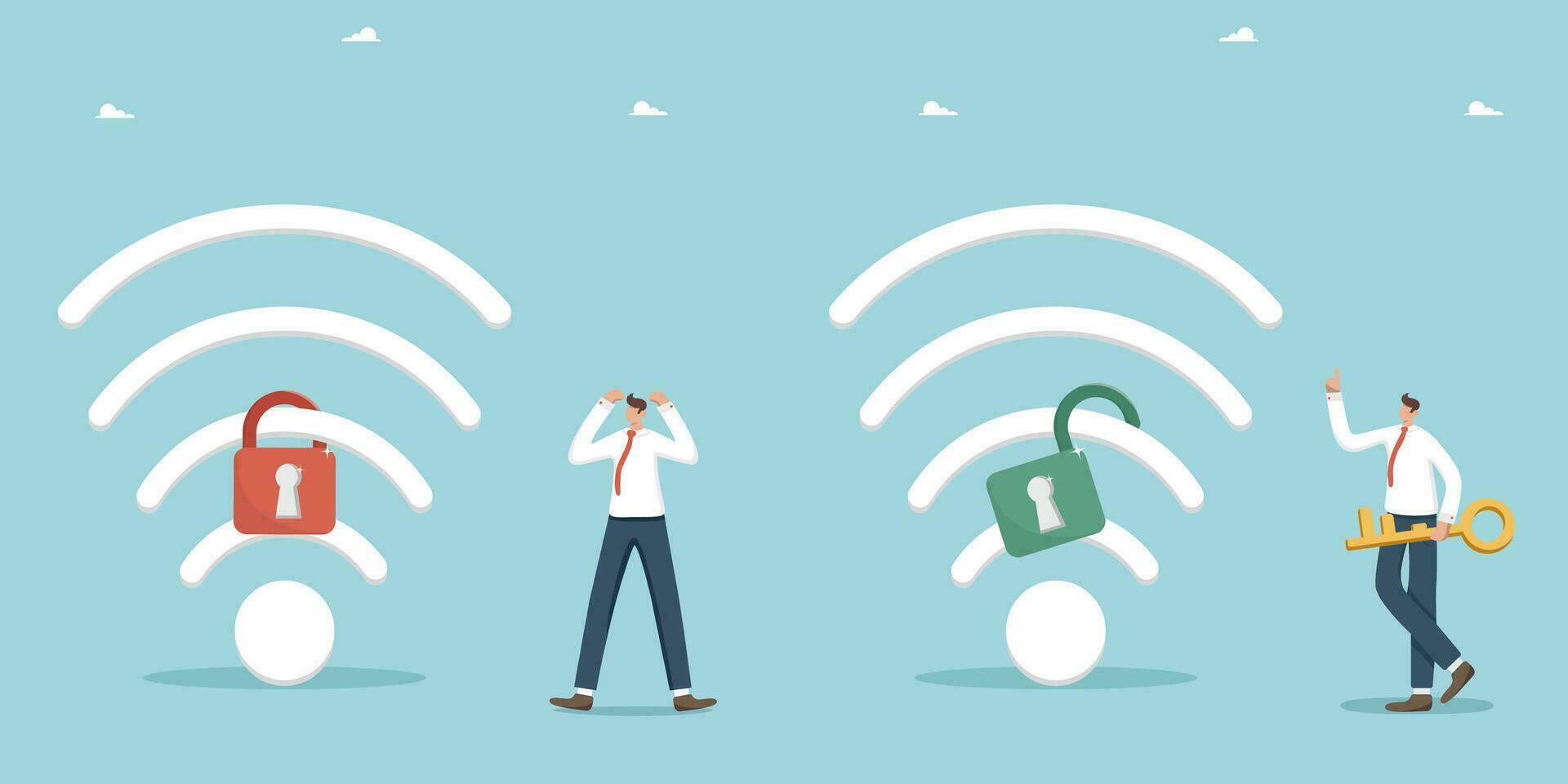 bloqué Wifi point chaud, Wifi bar, l'Internet accès mot de passe, travail ou Accueil réseau, l'Internet dépendance, homme sous le choc par protégé par mot de passe l'Internet, seconde homme avec clé sait mot de passe à haute la vitesse Wifi vecteur