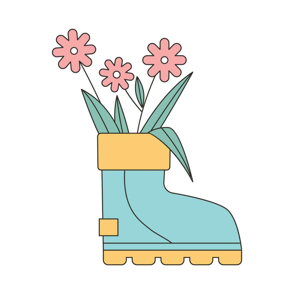 pluvieux journée. fleurs sont décoré dans bottes. Facile illustration avec grandes lignes. vecteur