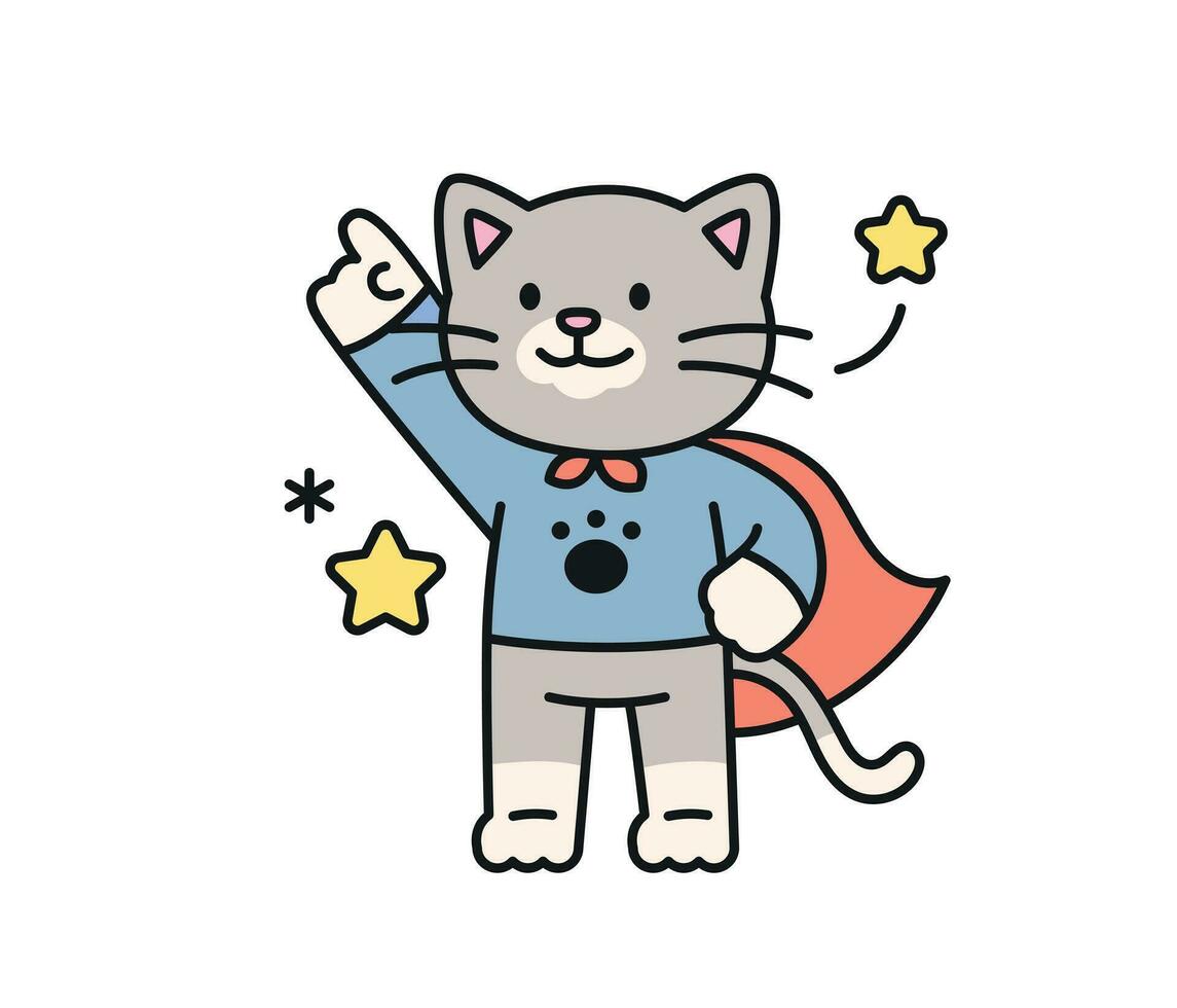 mignonne chat. une chat super-héros dans une cap est montrer du doigt une doigt en haut et Faire une sur de soi pose. vecteur