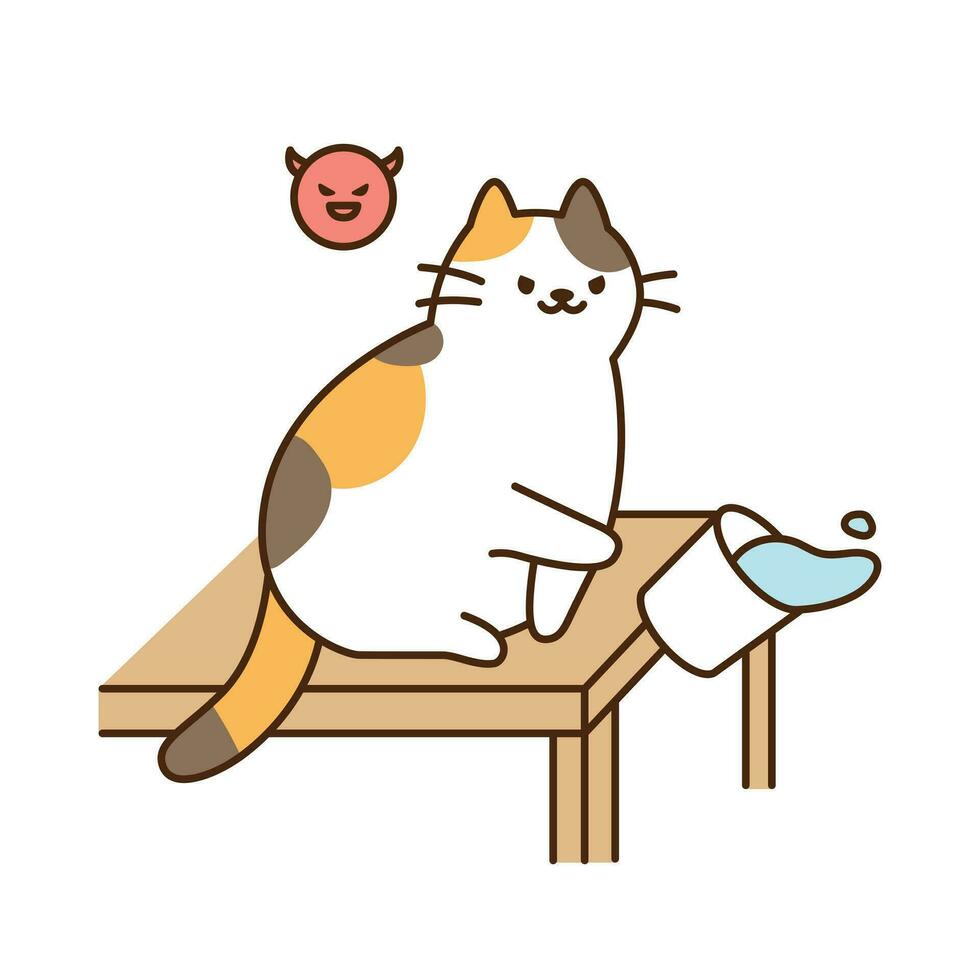 mignonne chat. une tricolore chat est coups de pied une l'eau tasse sur le table et cognement il désactivé. vecteur