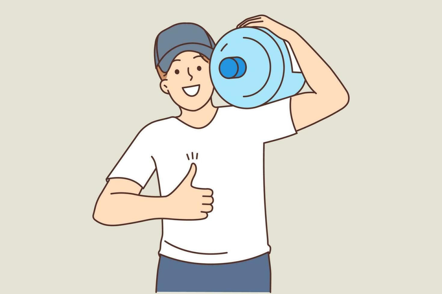 souriant homme avec gros bouteille de l'eau spectacle pouce en haut. content Masculin courrier ou livreur recommander embouteillée l'eau livraison service. vecteur illustration.