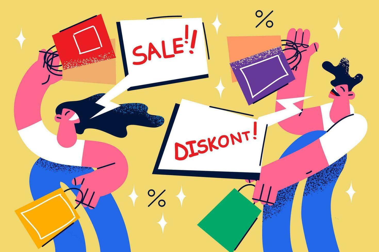 fou de joie diverse gens excité avec saisonnier hiver vente ou promotion dans achats centre ou centre commercial. content acheteurs ou clients achat acheter sur remise ou offres. consumérisme. vecteur illustration.