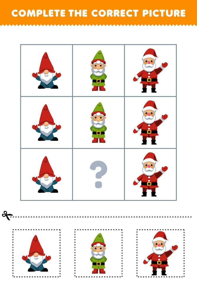 éducation Jeu pour les enfants à choisir et Achevée le correct image de une mignonne dessin animé gnome nain ou Père Noël imprimable hiver feuille de travail vecteur