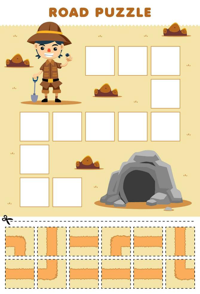 éducation Jeu pour les enfants route puzzle Aidez-moi géologue bouge toi à le la grotte imprimable profession feuille de travail vecteur