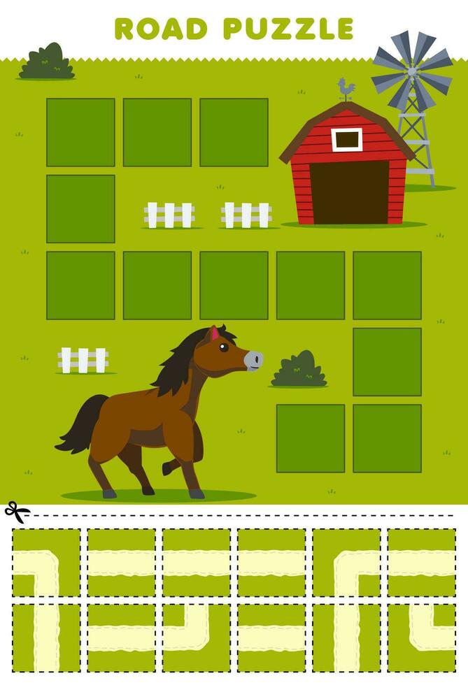 éducation Jeu pour les enfants route puzzle Aidez-moi cheval bouge toi à Grange et Moulin à vent imprimable ferme feuille de travail vecteur