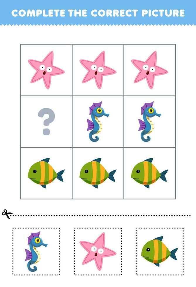 éducation Jeu pour les enfants à choisir et Achevée le correct image de une mignonne dessin animé hippocampe étoile de mer ou poisson imprimable sous-marin feuille de travail vecteur