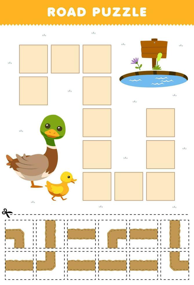 éducation Jeu pour les enfants route puzzle Aidez-moi canard bouge toi à le étang imprimable ferme feuille de travail vecteur