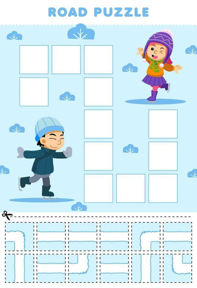 éducation Jeu pour les enfants route puzzle Aidez-moi garçon en jouant la glace patinage bouge toi à le fille imprimable hiver feuille de travail vecteur