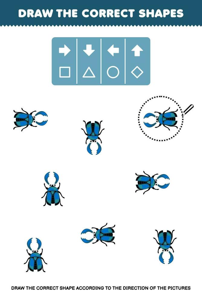 éducation Jeu pour les enfants dessiner le correct forme selon à le direction de mignonne dessin animé cerf scarabée des photos imprimable punaise feuille de travail vecteur