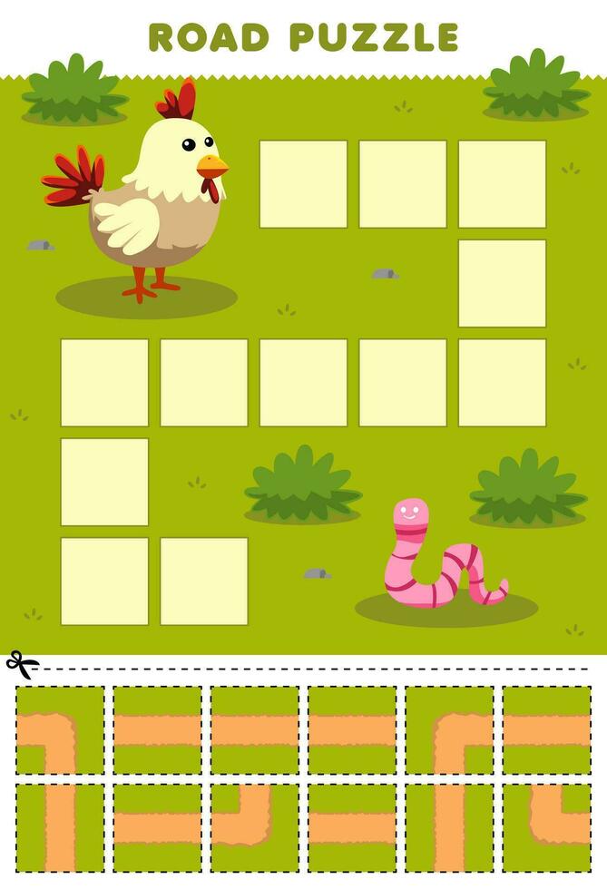 éducation Jeu pour les enfants route puzzle Aidez-moi poulet bouge toi à Ver de terre imprimable animal feuille de travail vecteur