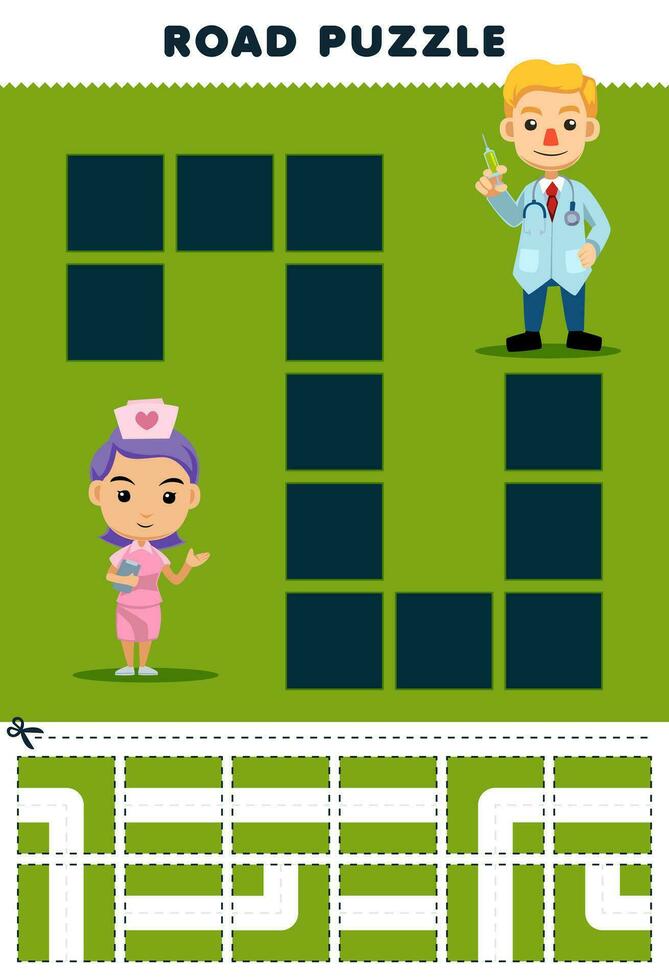 éducation Jeu pour les enfants route puzzle Aidez-moi infirmière bouge toi à le médecin imprimable profession feuille de travail vecteur