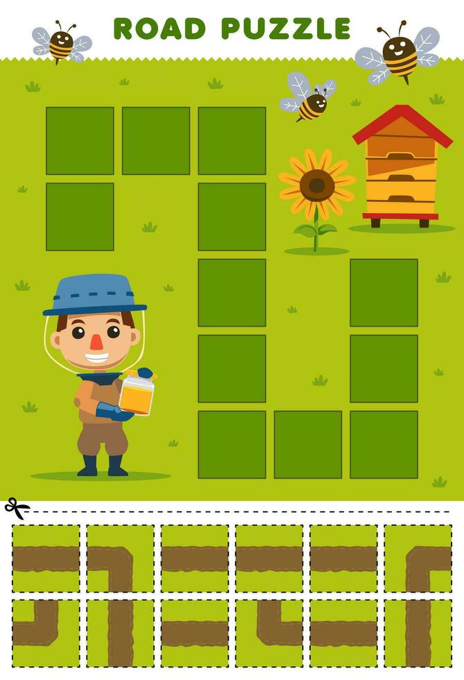 éducation Jeu pour les enfants route puzzle Aidez-moi mon chéri agriculteur bouge toi à ruche et tournesol imprimable ferme feuille de travail vecteur