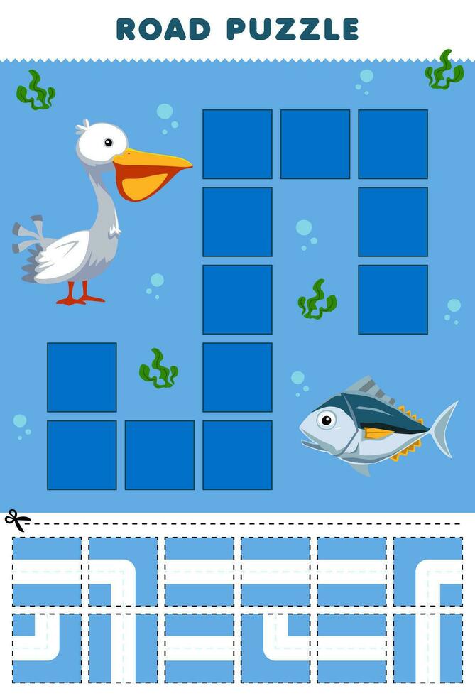 éducation Jeu pour les enfants route puzzle Aidez-moi pélican bouge toi à thon poisson imprimable animal feuille de travail vecteur