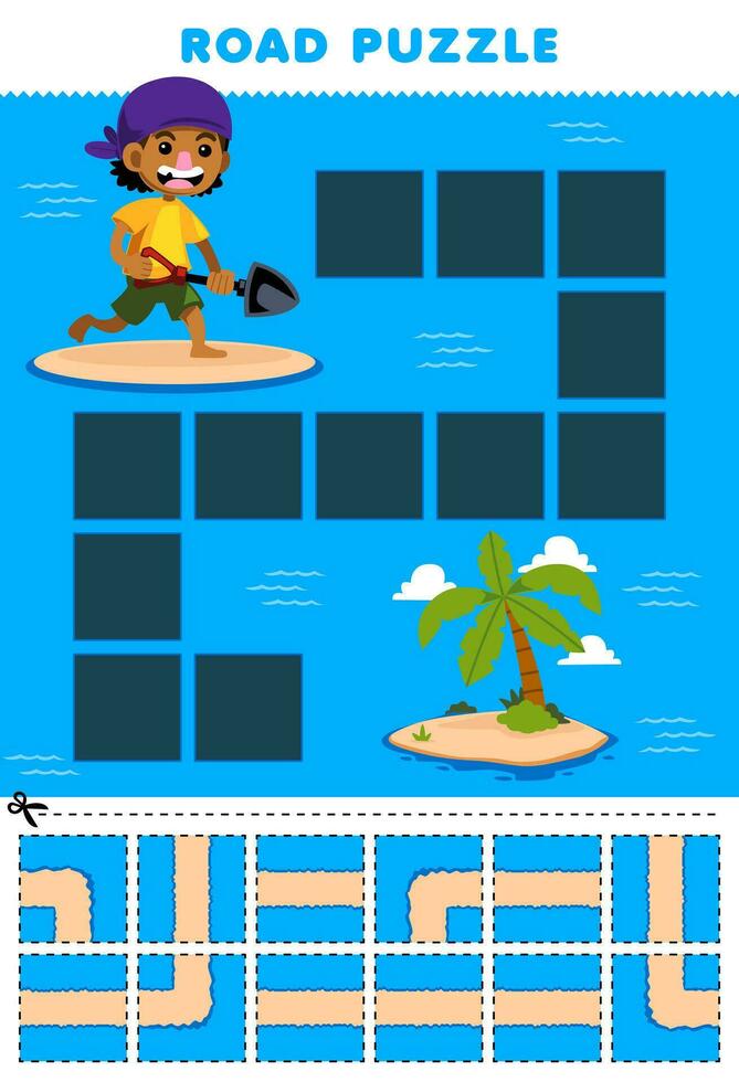 éducation Jeu pour les enfants route puzzle Aidez-moi garçon bouge toi à le île imprimable pirate feuille de travail vecteur