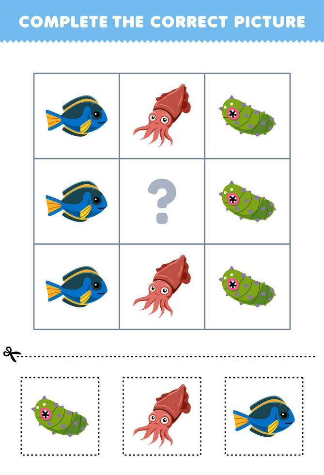 éducation Jeu pour les enfants à choisir et Achevée le correct image de une mignonne dessin animé mer concombre seiche ou doris poisson imprimable sous-marin feuille de travail vecteur