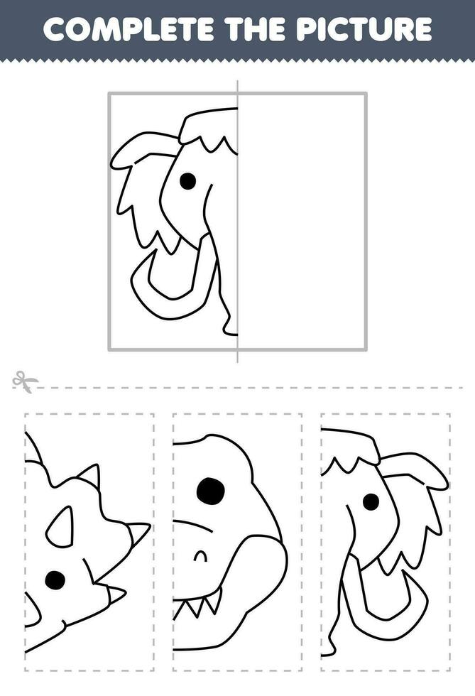 éducation Jeu pour les enfants Couper et Achevée le image de mignonne dessin animé mammouth tête moitié contour pour coloration imprimable préhistorique dinosaure feuille de travail vecteur