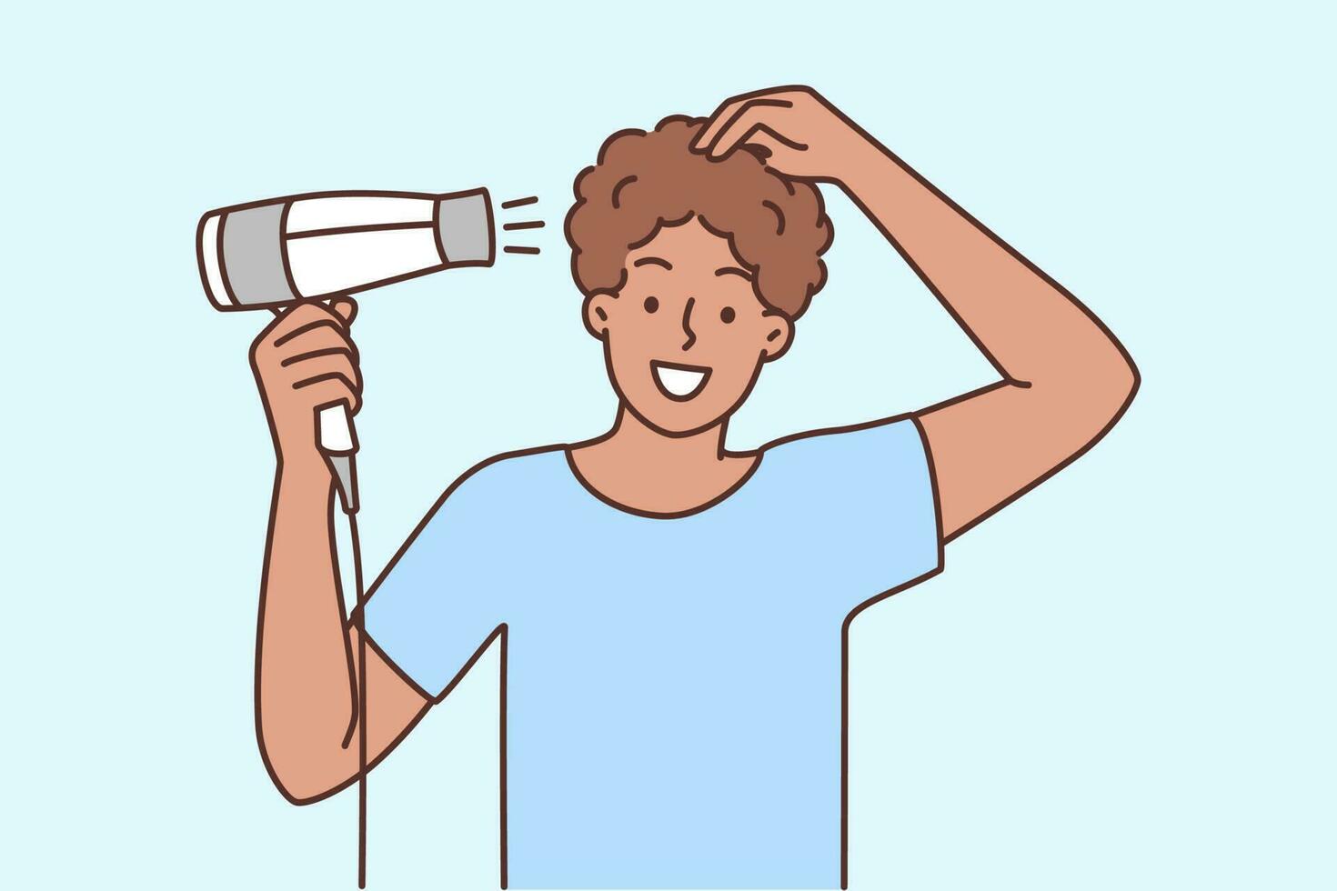 souriant Jeune homme soufflant cheveux avec Sèche-cheveux. content gars prendre se soucier de coiffure avec séchoir. beauté et bien-être. vecteur illustration.