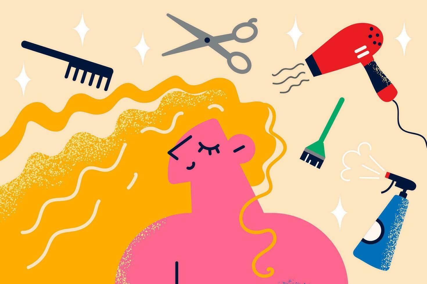 content Jeune femme avec styliste outils autour ressentir satisfait dans beauté salon avoir Nouveau coiffure fait. souriant femelle client excité avec cheveux traitement ou procédure dans salon. vecteur illustration.