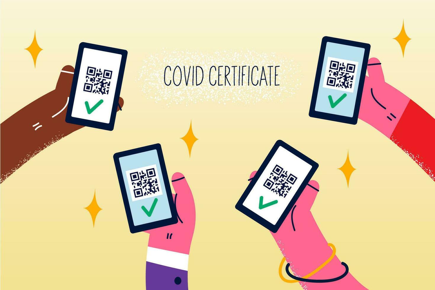 mains de diverse gens avec les smartphones spectacle covid-19 certificats sur filtrer. Hommes et femmes démontrer couronne virus vaccination passeports de téléphone portable. couronne vaccin. vecteur illustration.