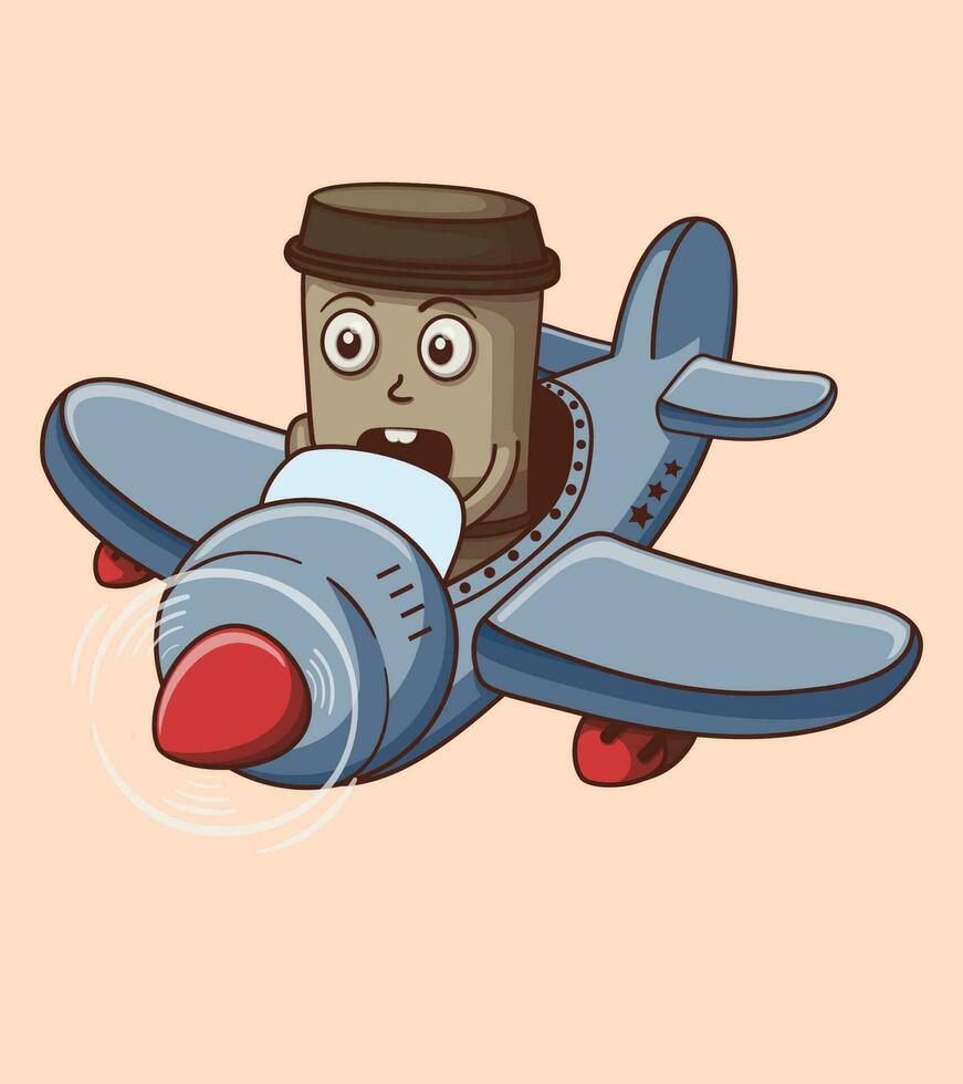 vecteur mouche dans une guerre avion avec café tasse illustration de mignonne personnage